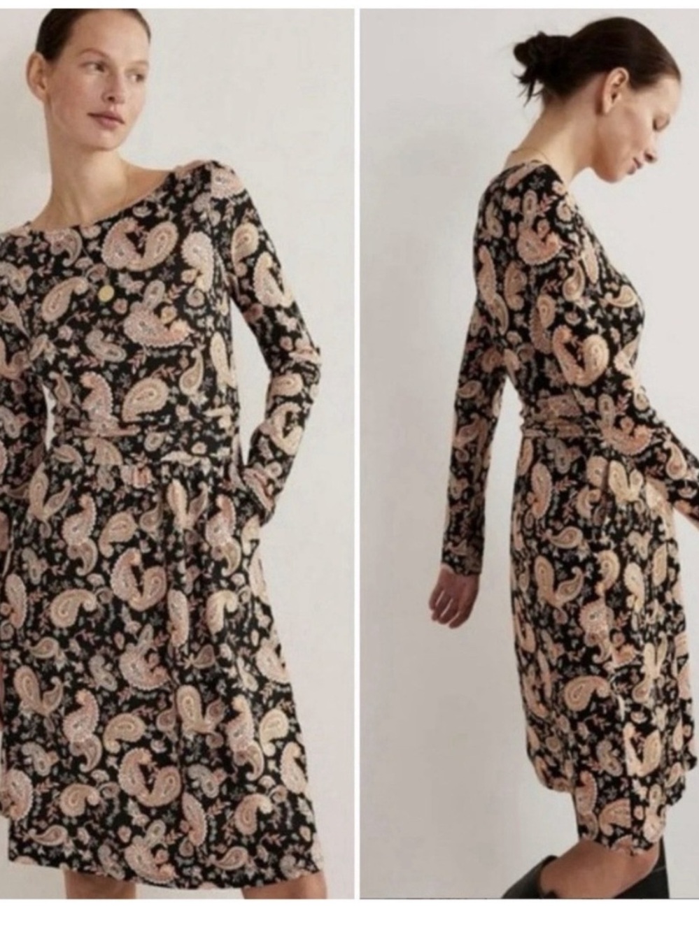 NWT Boden Womens Abigail Jersey Dress Long Sleeve Black Paisley Size 8P Petite